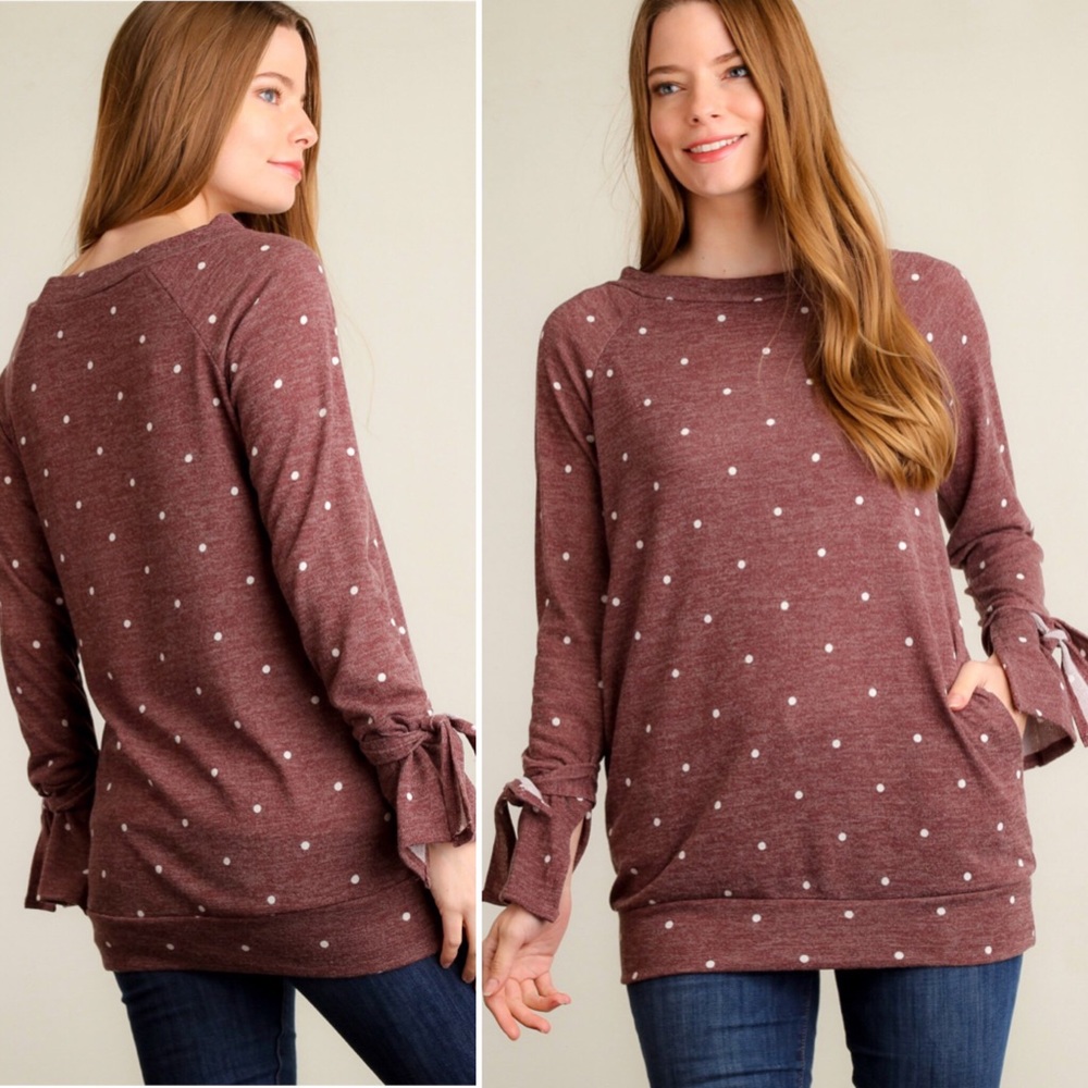 Cute Maroon Polkadot tie sleeve blouse sweater 💖